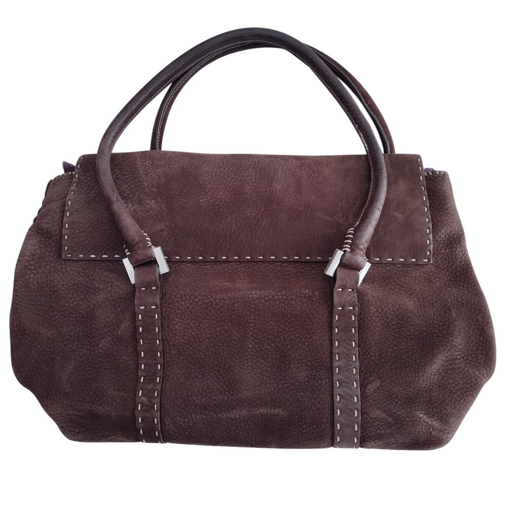 Falor Italy Brown Textured Leather Contrast Stitching Fur Trim Interior Handbag